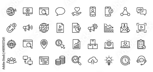 Digital marketing and business line icon set. Vector pictograms of monitor, browser, smartphone, megaphone, globe, analytics, packages, and lightbulb, thin linear illustration.
