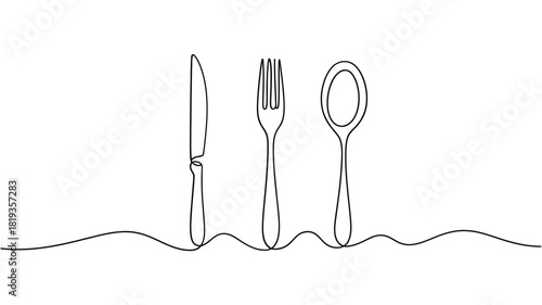 Simple line art of a knife fork and spoon on a wavy line