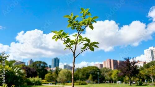 Fototapeta Naklejka Na Ścianę i Meble -  A small, vibrant green tree stands in a sunny city park with a backdrop of urban buildings and a blue sky.