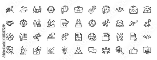 Business and career development line icon set. Vector pictograms of goal achievement, target audience, teamwork, financial growth, education, and progress, thin linear illustration.