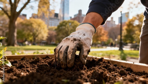 A gloved hand works with rich, dark soil in a raised garden bed in a sunny city park with urban buildings in the background.