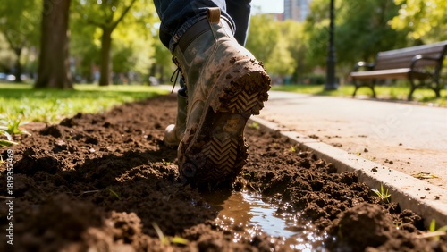 A muddy boot steps into a shallow puddle on freshly tilled soil next to a paved path in a sunlit park.