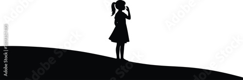 Lonely girl silhouette standing on rolling hill at sunset or sunrise, thoughtful pose, childhood memory, freedom, hope, looking towards the future, minimal black and white vector design.