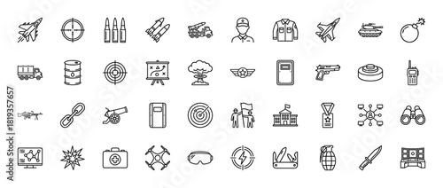 Military line icon set. Vector pictograms of soldier, fighter jet, tank, missile, bomb, submarine, cannon, weapon, target, and uniform, thin linear illustration.