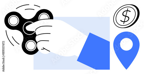 Hand spinning fidget toy with speed lines, coin symbol, and blue location pin emphasizing focus, movement, financial growth, navigation, play, relaxation and multitasking. Ideal for productivity