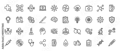 Medical and healthcare technology line icon set. Vector pictograms of smartwatch, brain, DNA, stethoscope, syringe, microscope, ambulance, thermometer, and pulse, thin linear illustration.