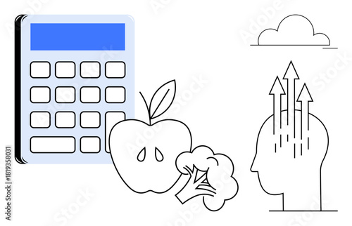 Productivity concept. a calculator, apple, broccoli, and a human with arrows signifying mental growth, emphasizing productivity and health. For education, wellness, business strategy personal