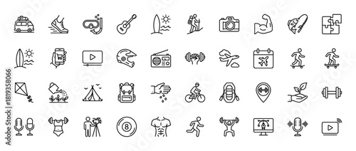 Leisure and hobby line icon set. Vector pictograms of camper van, hiker, surfboard, camera, skateboarder, bicycle, dumbbell, microphone, puzzle, and guitar, thin linear illustration.
