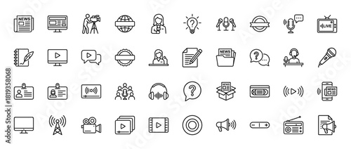 Media and communication line icon set. Vector pictograms of globe, camera, microphones, newspaper, television, reporter, video, radio, thin linear illustration.