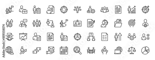 Human resources and business line icon set. Vector pictograms of recruitment, teamwork, career growth, strategy, communication, and corporate management, thin linear illustration.