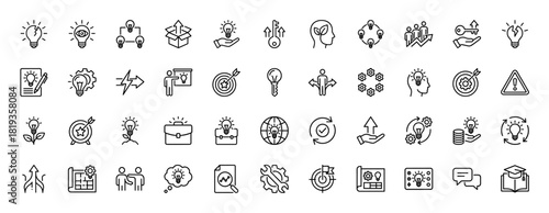 Business strategy line icon set. Vector pictograms of lightbulbs, gears, keys, targets, charts, planning, growth, and analysis, thin linear illustration.