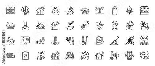 Agriculture and horticulture line icon set. Vector pictograms of plants, farmer, tractor, wheat, greenhouse, seeds, soil, water, and gardening tools, thin linear illustration.