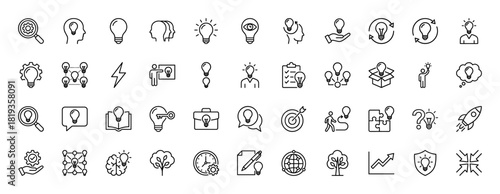 Idea and innovation line icon set. Vector pictograms of light bulbs, heads, brains, gears, rockets, books, graphs, and targets, thin linear illustration.