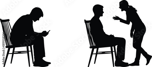 Silhouette of unhappy couple sitting together fighting on chairs, man ignoring woman screaming arguing while looking at his smartphone, relationship problems, communication breakdown, conflict,