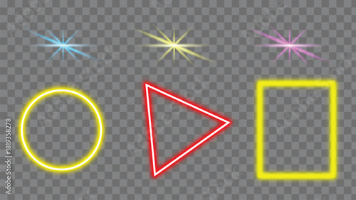 Set of vibrant neon glowing geometric shapes and colorful starburst light effects, perfect for modern design elements.