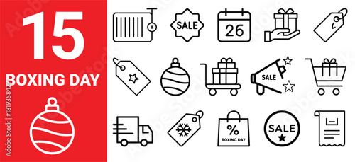 Boxing day sale and shopping icons set for retail promotions. collection of symbols for discount events and winter holiday marketing.