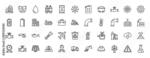 Energy and industry line icon set. Vector pictograms of oil refinery, pipelines, fuel tanker, gas pump, solar panel, wind turbine, and industrial tools, thin linear illustration.