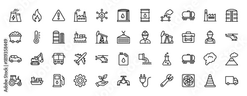 Industry and energy icon set. Vector pictograms of factories, oil rigs, transport vehicles, and environmental symbols, thin linear illustration.