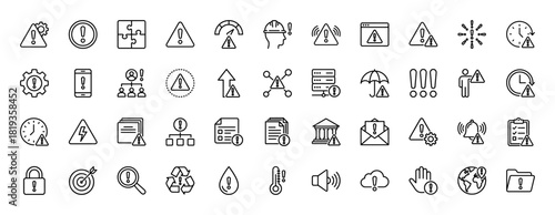 Warning and alert line icon set. Vector pictograms of risk, safety, security, time, data, communication, and environmental issues, thin linear illustration.