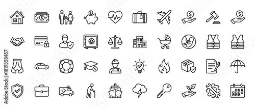 Insurance and protection line icon set. Vector pictograms of family, home, money, health, car, fire, document, shield, and safety items, thin linear illustration.