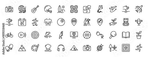 Recreation and leisure activities line icon set. Vector pictograms of sports equipment, travel, creative tools, and outdoor elements, thin linear illustration.