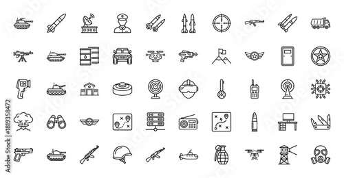Military line icon set. Vector pictograms of tanks, missiles, rifles, drones, officers, helmets, grenades, radars, and maps, thin linear illustration.