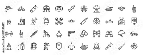Military line icon set. Vector pictograms of missile, bomb, binoculars, uniform, tank, drone, grenade, bullet, submarine, airplane, gas mask, and helmet, thin linear illustration.