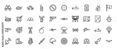 Military line icon set. Vector pictograms of tanks, submarines, jet fighters, weapons, maps, helmets, binoculars, and communication devices, thin linear illustration.