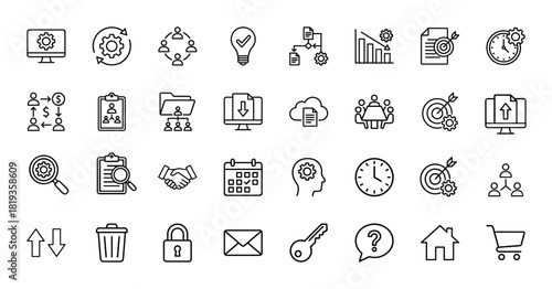 Business and strategy line icon set. Vector pictograms of monitor, process, chart, idea, document, team, time, strategy, cloud, and calendar, thin linear illustration.