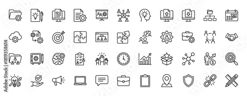 Business management line icon set. Vector pictograms of idea, teamwork, planning, strategy, analytics, security, communication, and development concepts, thin linear illustration.