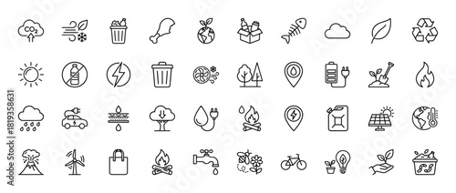 Environmental sustainability line icon set. Vector pictograms of trash can, recycle symbol, leaf, solar panel, wind turbine, electric car, earth, and plant, thin linear illustration.