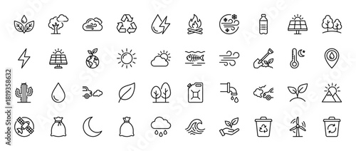 Environment line icon set. Vector pictograms of trees, water, solar panels, recycling, nature, weather, and climate elements, thin linear illustration.