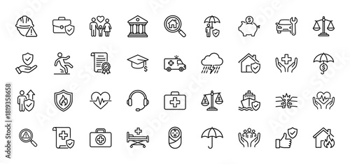 Insurance line icon set. Vector pictograms of briefcase, umbrella, family, piggy bank, ambulance, house, car, fire, heartbeat, baby, money, thin linear illustration.