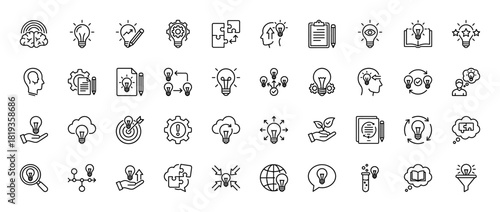 Creativity and innovation line icon set. Vector pictograms of light bulbs, brain, puzzles, gears, and thought processes, thin linear illustration.