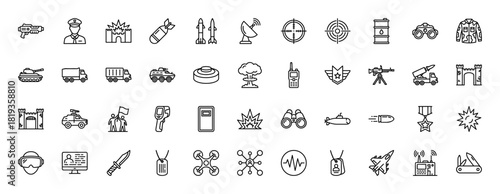 Military line icon set. Vector pictograms of weapons, vehicles, soldiers, radar, communication, drones, tanks, and defenses, thin linear illustration.