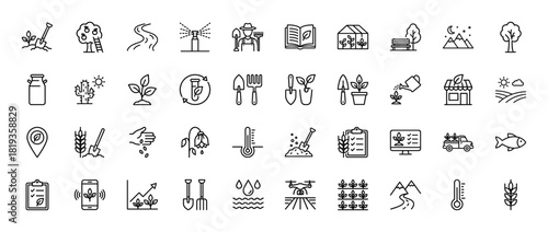 Agriculture line icon set. Vector pictograms of plants, farmer, greenhouse, tractor, drone, wheat, watering can, and soil, thin linear illustration.