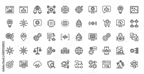 Artificial intelligence line icon set. Vector pictograms of robots, brains, processors, networks, databases, charts, security, and automation, thin linear illustration.