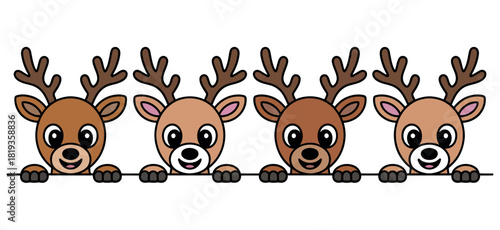 Four cute cartoon reindeer with antlers peek over a white background.