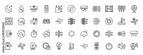 HVAC and climate control line icon set. Vector pictograms of air conditioners, fans, filters, temperature, humidity sensors, and smart home elements, thin linear illustration.