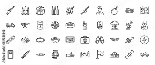 Military line icon set. Vector pictograms of soldier, weapons, vehicles, equipment, and combat operations elements, thin linear illustration.
