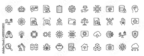 Digital technology line icon set. Vector pictograms of scales, robot, processor, cloud, VR headset, database, smart home, brain, and fingerprint, thin linear illustration.