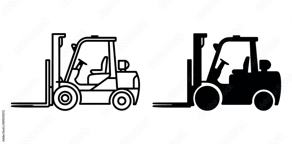 Naklejka premium Forklift truck illustration in outline and solid silhouette styles.