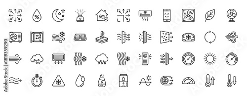 Climate control and HVAC line icon set. Vector pictograms of air conditioning, ventilation, temperature, humidity, fan, filter, smart home, and weather, thin linear illustration.