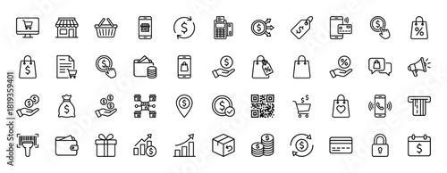 E-commerce line icon set. Vector pictograms of shopping cart, mobile payment, storefront, wallet, credit card, price tag, and delivery, thin linear illustration.