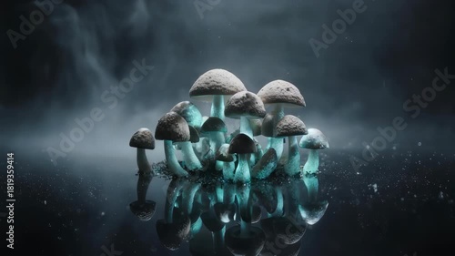 Mysterious mushroom cluster with glowing effect on water surface. Moody and fantastical atmosphere. 