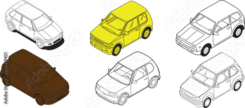 Isometric view of multiple cars in yellow brown and outline illustration style