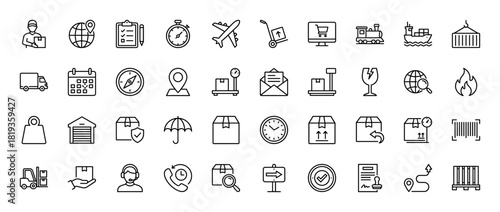 Logistics and shipping line icon set. Vector pictograms of airplane, cargo ship, delivery truck, boxes, shopping cart, calendar, stopwatch, compass, and delivery person, thin linear illustration.