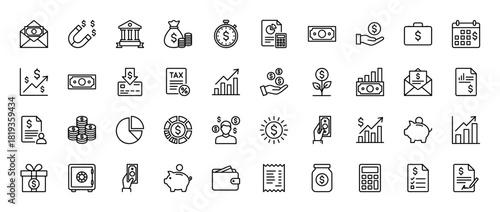 Financial line icon set. Vector pictograms of currency, savings, investments, banking, documents, charts, credit cards, and budgeting tools, thin linear illustration.
