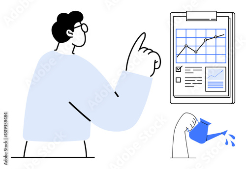 Man observes increasing analytics chart while watering plant. Ideal for growth, analytics, nurturing, data monitoring, development, business strategy, and success. Simple flat metaphor