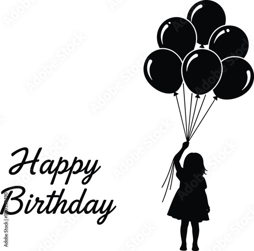 Silhouette of a happy little girl holding a large bunch of shiny black balloons on a clean white background, celebrating a cheerful Happy Birthday; perfect for invitations and cards.